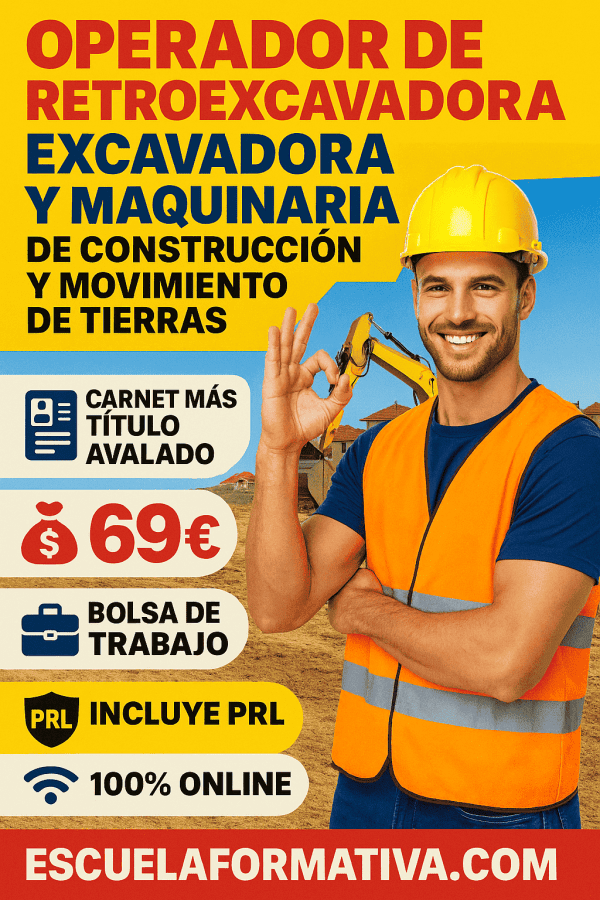 OPERADOR DE RETROEXAVADORA, EXCAVADORA, MAQUINARIA DE CONSTRUCCIÓN Y MOVIMIENTOS DE TIERRAS (CON PRL)