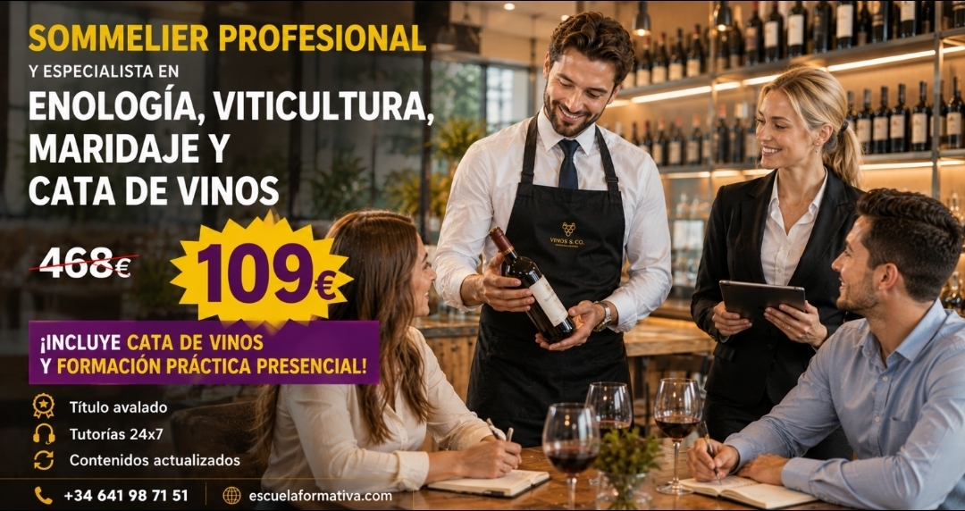 SOMMELIER PROFESIONAL Y ESPECIALISTA EN ENOLOGÍA, VITICULTURA, MARIDAJE Y CATA DE VINOS (INCLUYE FORMACIÓN PRÁCTICA PRESENCIAL Y CATA DE VINOS)