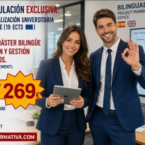 CURSO UNIVERSITARIO DE ESPECIALIZACIÓN EN DIRECCIÓN Y GESTIÓN DE PROYECTOS (MODALIDAD BILINGÜE - PROJECT MANAGEMENT) 19 ECTS + MÁSTER BILINGÜE EN DIRECCIÓN Y GESTIÓN DE PROYECTOS (PROJECT MANAGEMENT) (DOBLE TITULACIÓN)