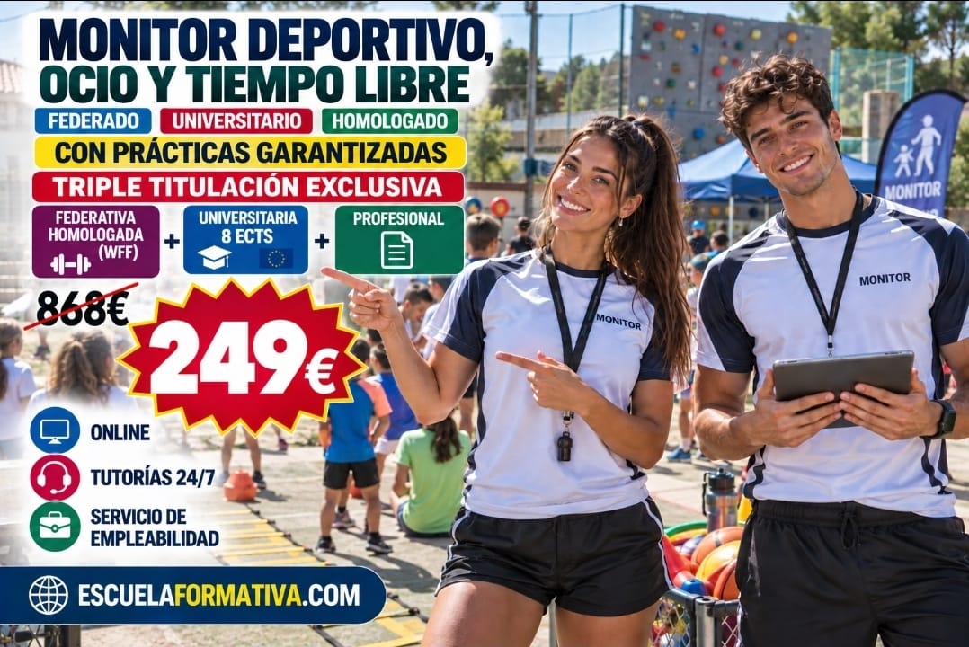 PRÁCTICAS GARANTIZADAS Y TRIPLE TITULACIÓN ~ FEDERATIVA (HOMOLOGADA POR LA WFF) + UNIVERSITARIA (8 ECTS) + PROFESIONAL: MONITOR DEPORTIVO, DE OCIO Y TIEMPO LIBRE