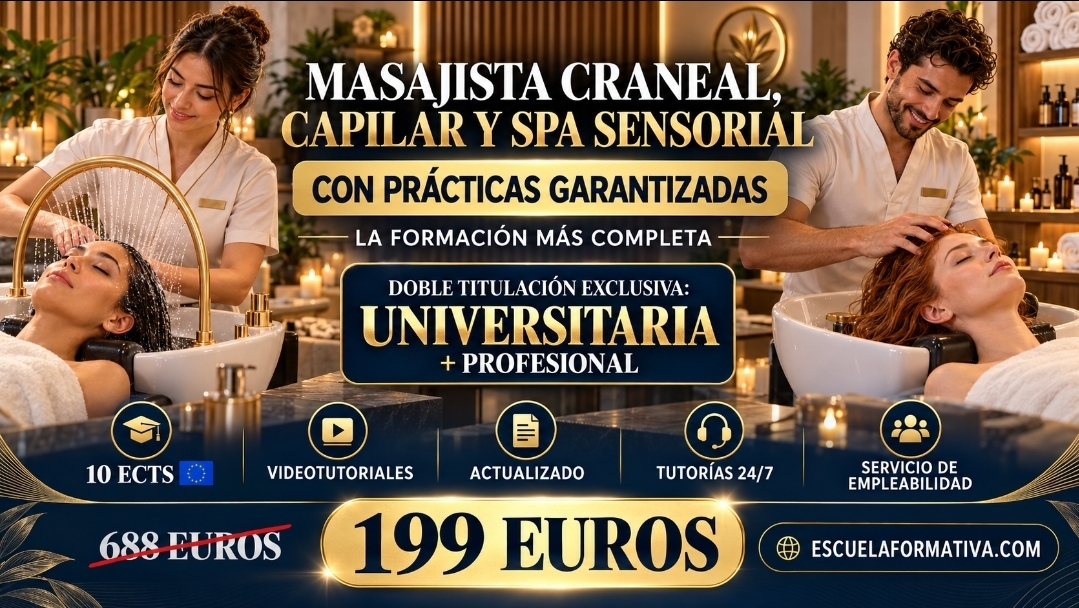 DOBLE TITULACIÓN: UNIVERSITARIA (10 ECTS) + PROFESIONAL ~ MASAJISTA CRANEAL, CAPILAR Y SPA SENSORIAL (HEAD SPA) CON PRÁCTICAS GARANTIZADAS